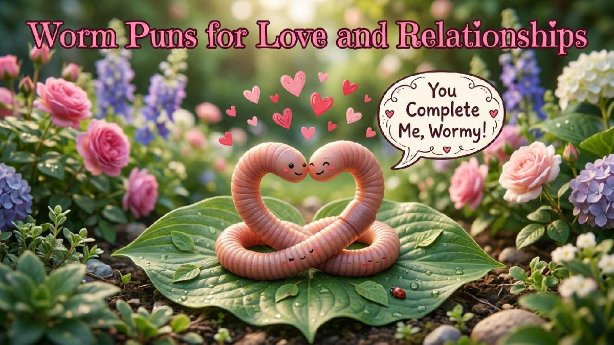 Two cartoon earthworms forming a heart shape with floating hearts and speech bubble showing romantic worm puns for relationships.