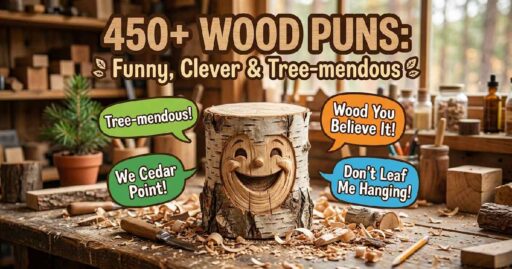 Cartoon tree stump character with wood shavings and playful speech bubbles showing 450 plus funny clever and tree-mendous wood puns.