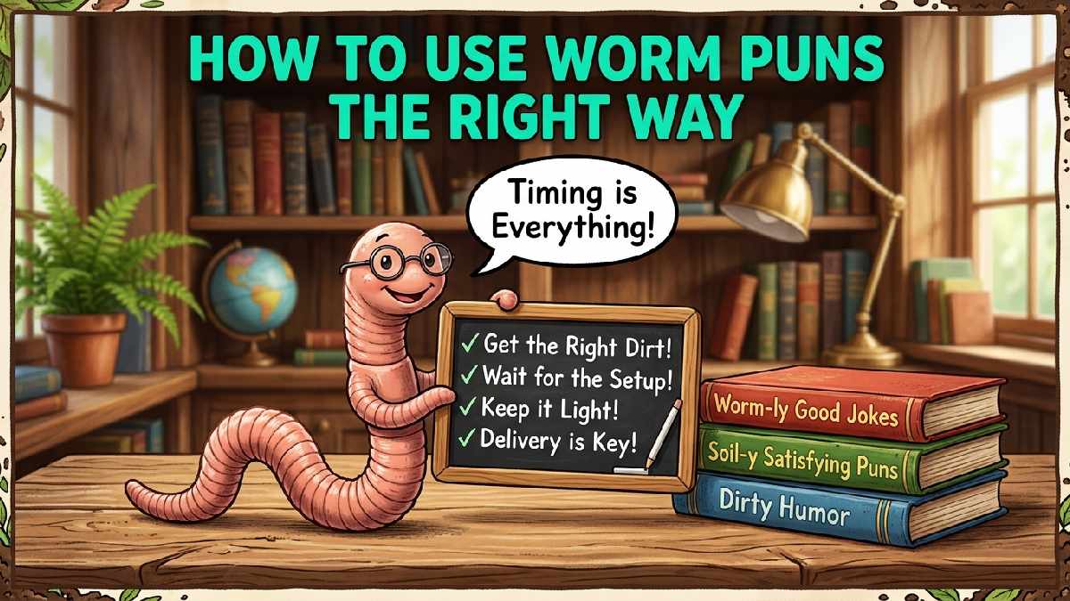Cartoon earthworm with glasses holding a checklist chalkboard showing how to use worm puns the right way in conversation.