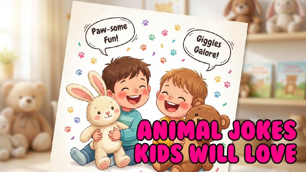 Laughing children playing with plush animal toys and paw print confetti showing animal jokes kids will absolutely love.