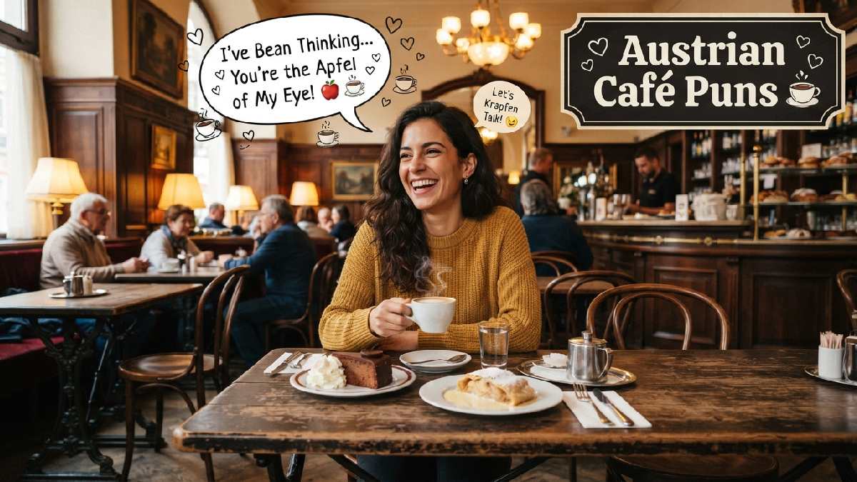 Cozy Austrian café serving coffee and pastries with playful speech bubbles, representing charming Austrian café puns and delicious coffee humor.