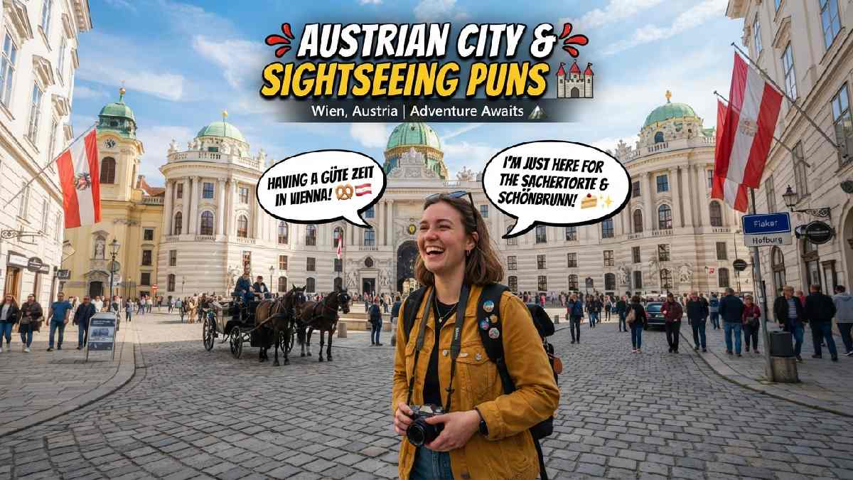 Traveler sightseeing among Austrian palaces, historic streets, mountains, and playful speech bubbles, representing clever city and sightseeing puns from Austria.