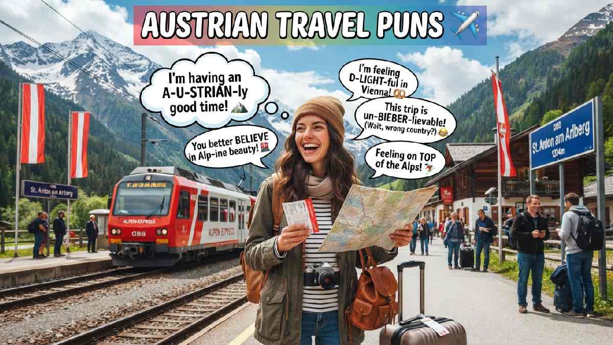 Tourist exploring Austrian Alps with luggage, travel map, camera, and playful speech bubbles, representing funny Austrian travel puns and adventures.