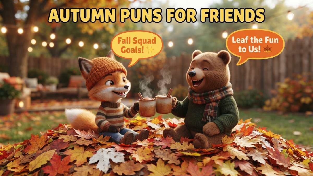 Two cartoon friends clinking cider mugs on autumn leaves with speech bubbles showing fun seasonal autumn puns for friends.