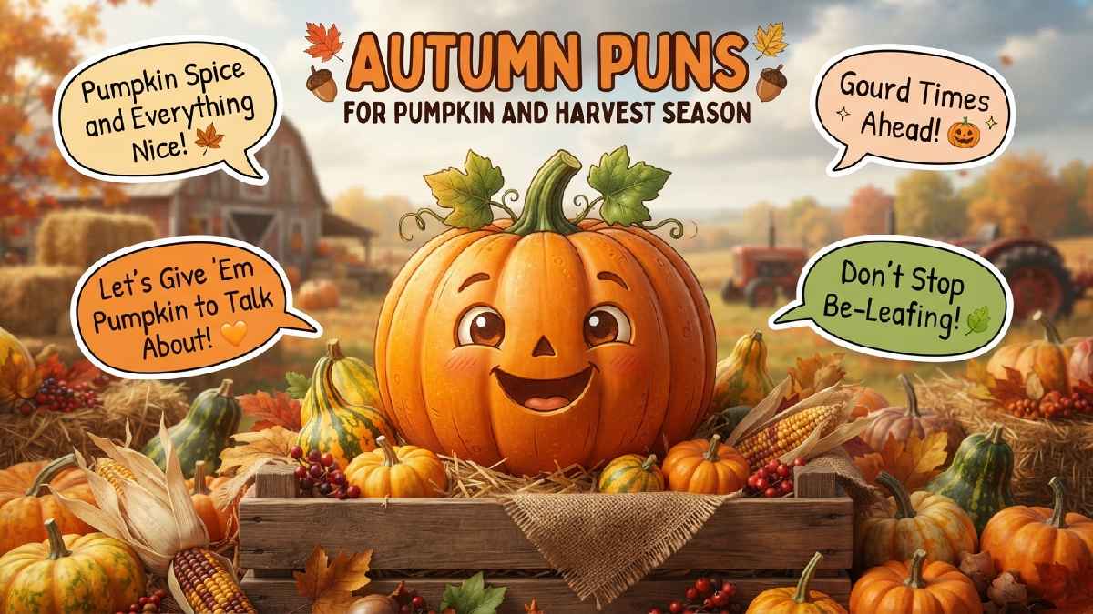 Cheerful carved pumpkin among harvest corn and gourds with speech bubbles showing autumn puns for pumpkin and harvest season.