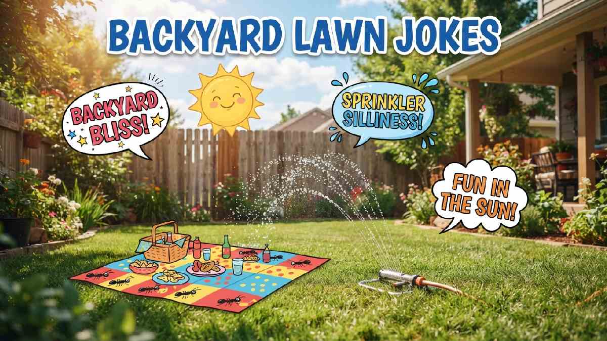 Cozy backyard scene with smiling sun and sprinkler surrounded by speech bubbles showing fun and relaxing backyard lawn jokes.