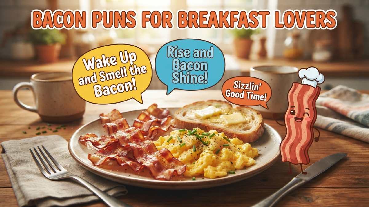Breakfast plate with bacon and eggs alongside winking cartoon bacon character showing fun bacon puns for breakfast lovers.