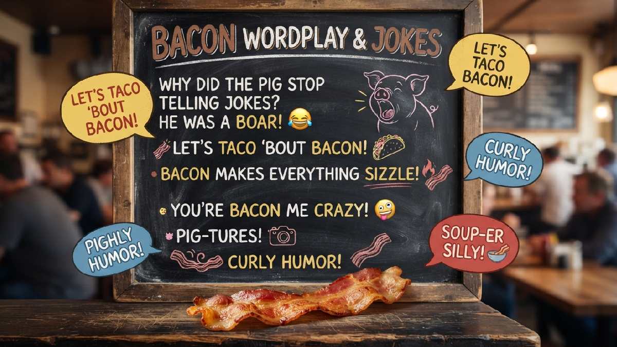 Chalkboard menu with playful jokes and crispy bacon strip below showing clever bacon wordplay and jokes collection for fans.