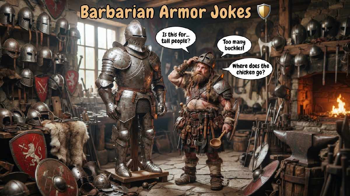 Funny barbarian wearing mismatched armor beside oversized shields and helmets, representing hilarious jokes about medieval armor and warrior life.