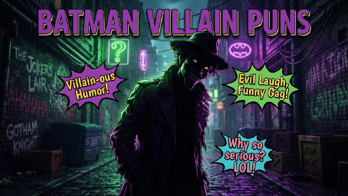 Shadowy grinning villain silhouette in neon alley with speech bubbles showing clever and funny batman villain puns.