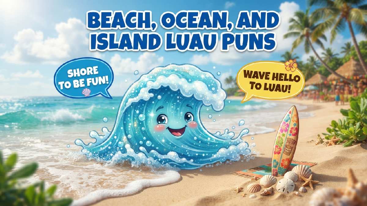 Smiling cartoon wave rolling onto sandy beach with surfboard and palm trees showing beach ocean and island luau puns.