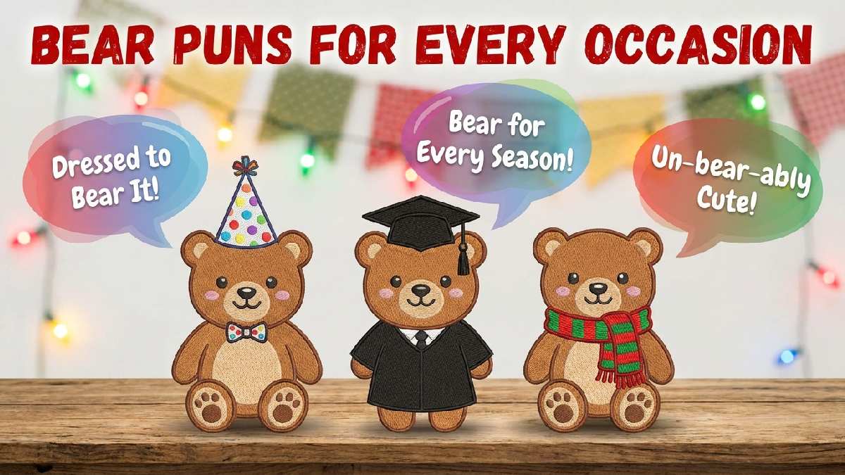 Cartoon bear dressed in party hat, graduation cap, and scarf showing bear puns suitable for every occasion and celebration.