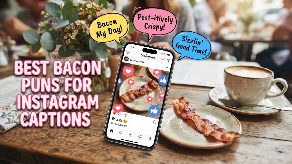 Smartphone showing bacon photo with floating like icons and coffee cup illustrating best bacon puns for Instagram captions.