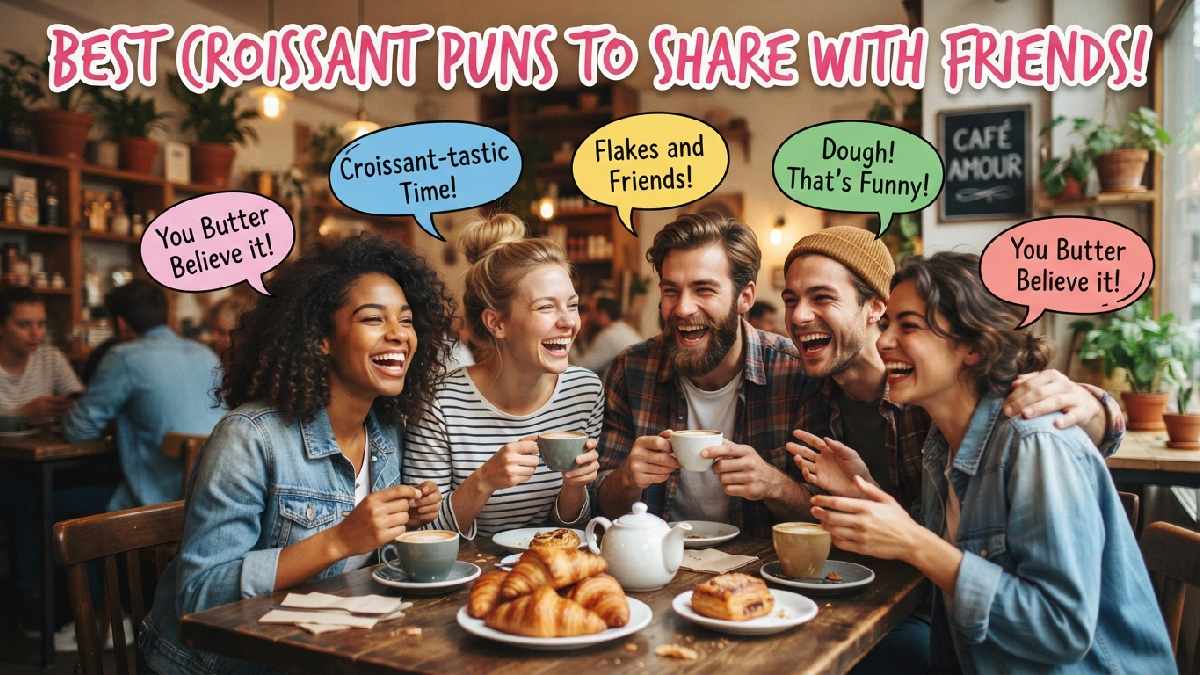 Group of cartoon friends laughing at café table with croissants and coffee showing the best croissant puns to share together.