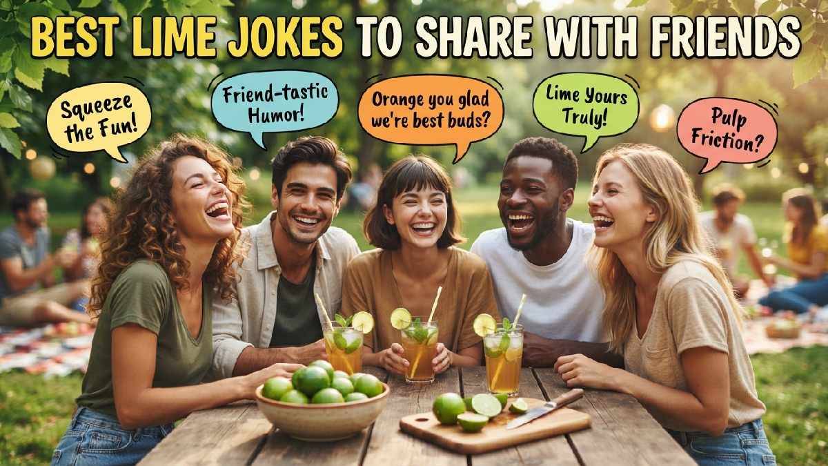 Group of cartoon friends laughing around limes and limeade with speech bubbles showing the best lime jokes to share together.