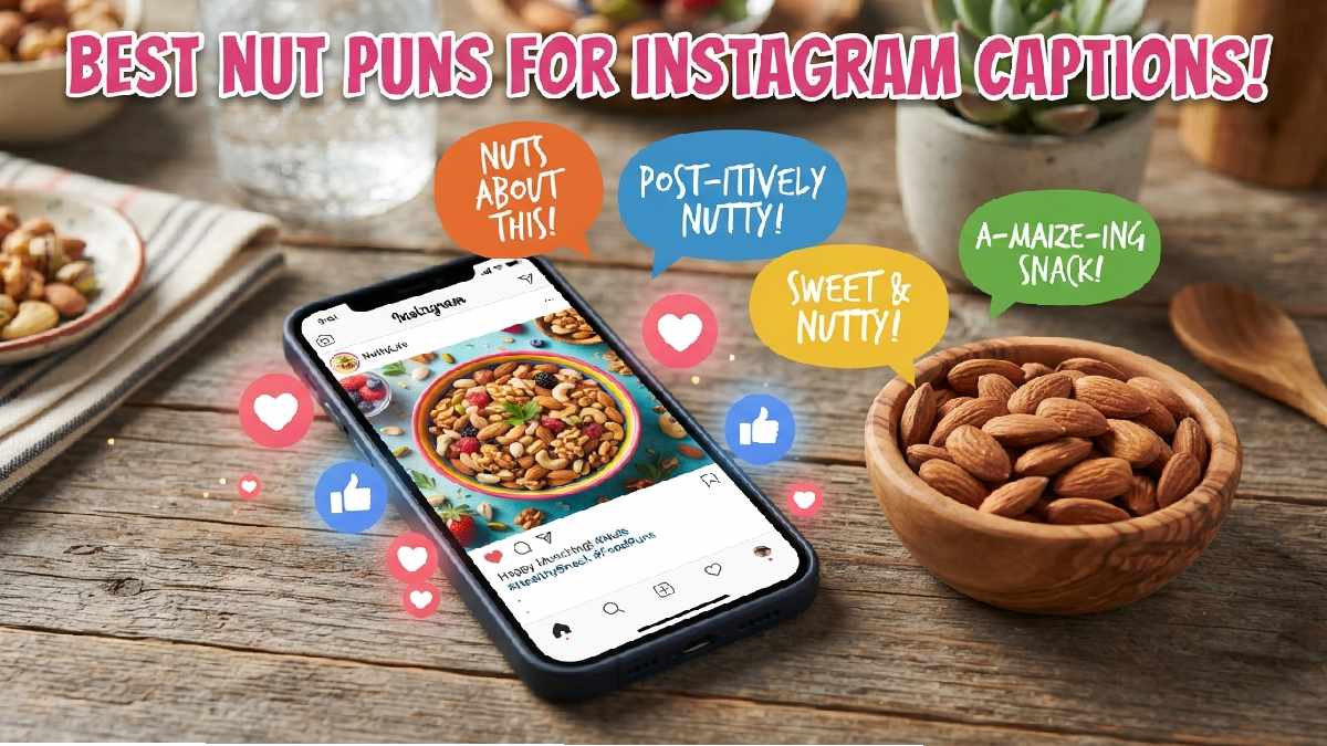 Smartphone showing mixed nuts photo with floating like icons and almond bowl illustrating best nut puns for Instagram captions.