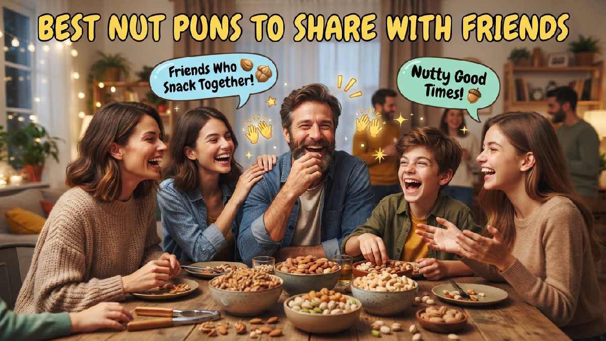 Laughing cartoon friends gathered around bowls of nuts with speech bubbles showing best nut puns to share with friends.