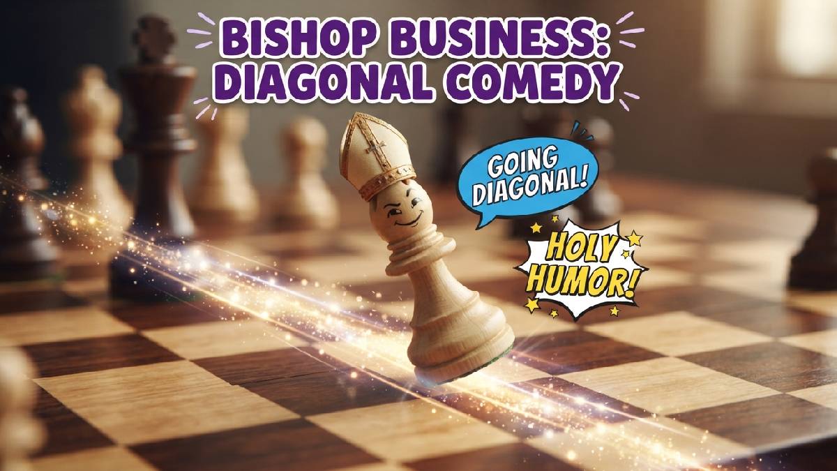 Smiling cartoon bishop chess piece with diagonal light trail and speech bubbles showing clever diagonal comedy bishop chess puns.