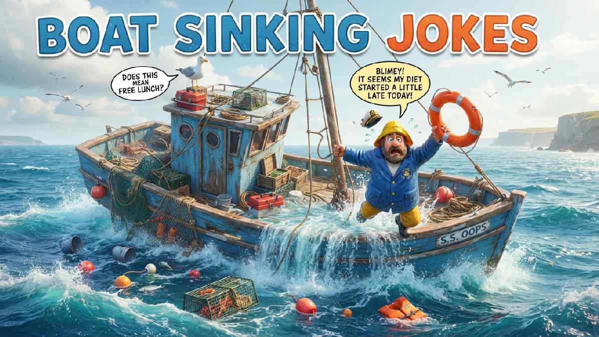 Comical boat sinking into ocean waves as a surprised captain holds a life ring, representing hilarious boat sinking jokes and humor.