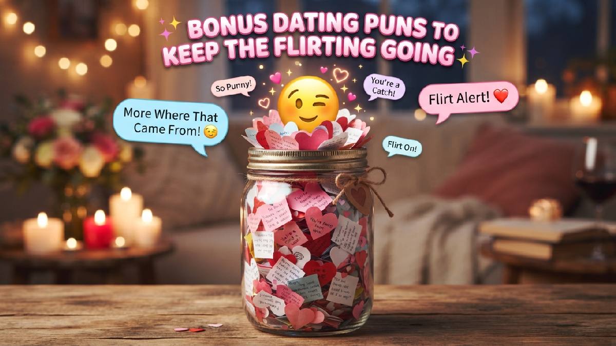 Jar overflowing with paper hearts and winking emoji showing bonus dating puns to keep the flirting fun going.