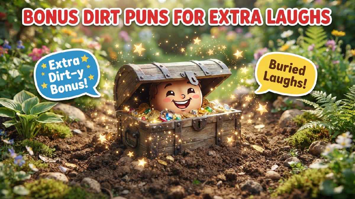 Treasure chest buried in smiling dirt with sparkling stars and speech bubbles showing bonus dirt puns for extra laughs.