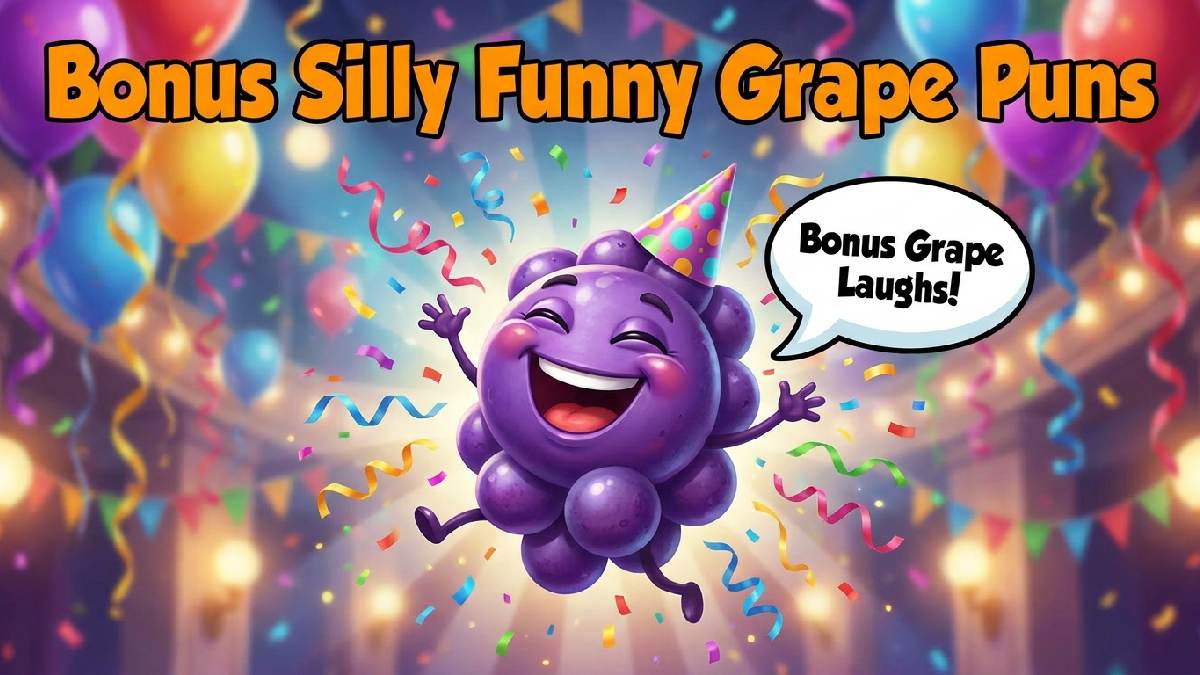 Cartoon grape in party hat with confetti popper and speech bubble showing bonus silly funny grape puns as extras.