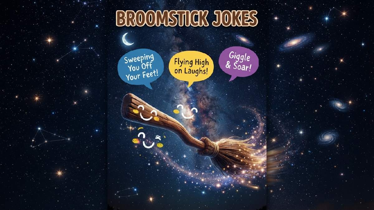 Smiling cartoon broomstick flying through starry sky with speech bubbles showing funny magical broomstick jokes and puns.