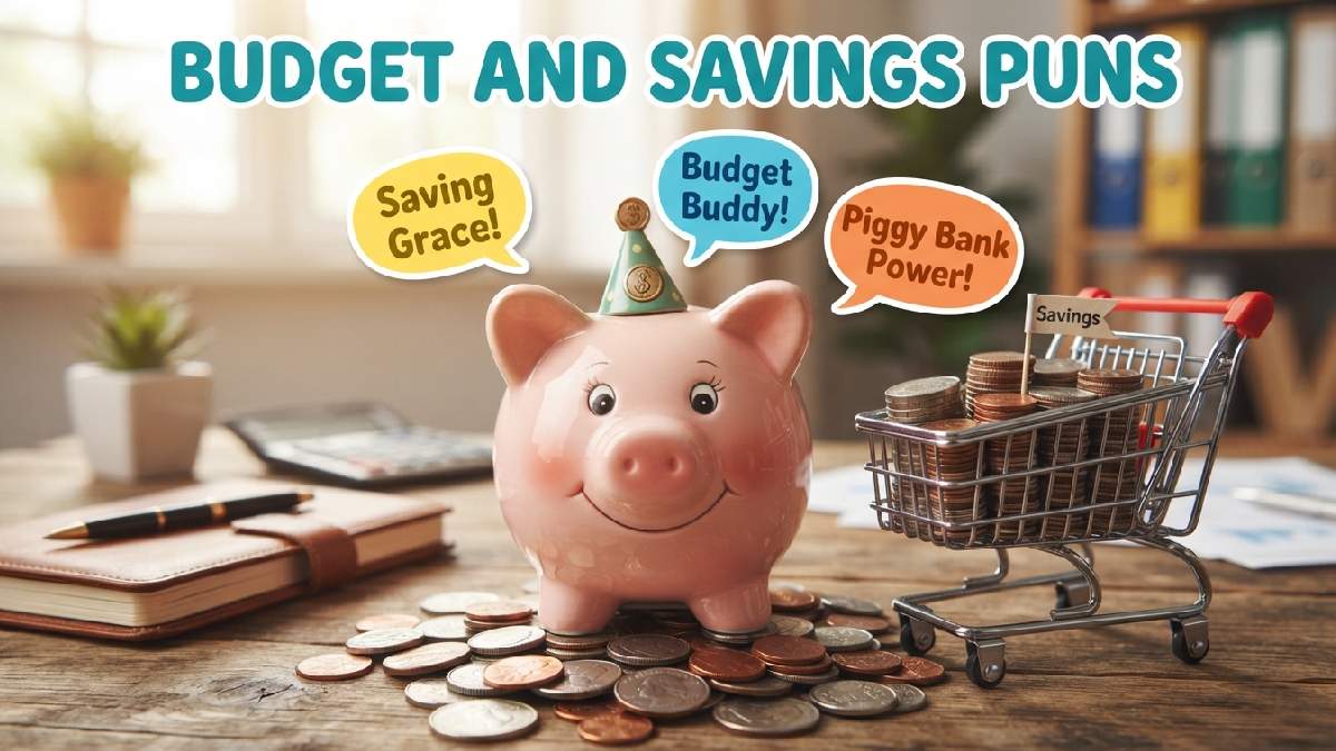 Cartoon piggy bank with mini shopping cart of coins surrounded by speech bubbles showing clever budget and savings themed puns.
