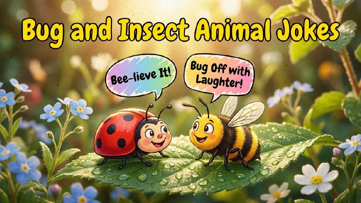 Smiling cartoon ladybug and bee on green leaf near flowers showing fun bug and insect animal jokes collection for kids.