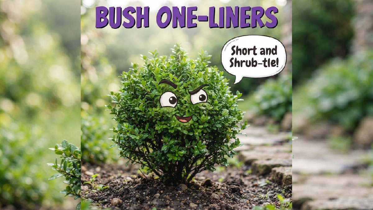Cartoon bush with raised eyebrow expression and single speech bubble showing a witty short one liner bush pun joke.