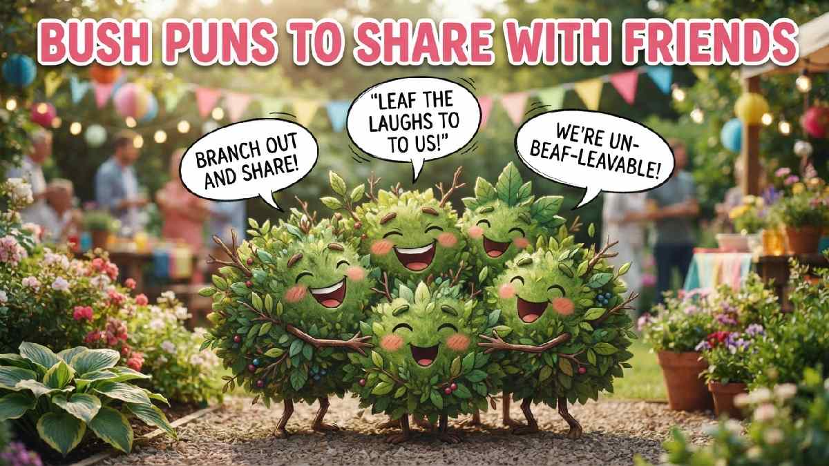 Group of cartoon bushes huddled together laughing with speech bubbles showing fun bush puns perfect for sharing with friends.