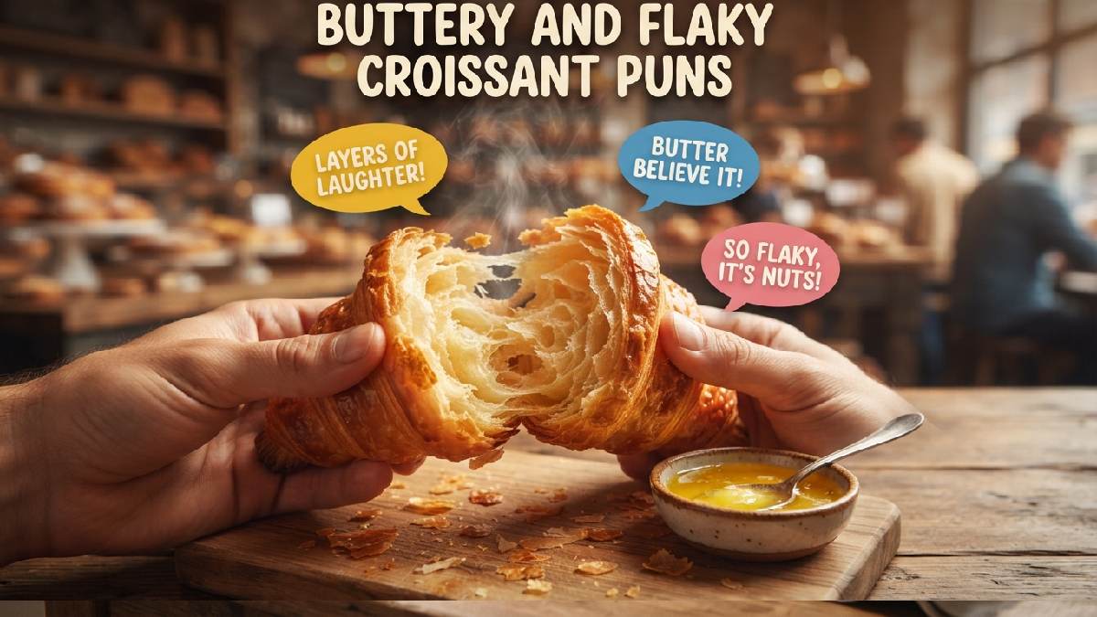 Freshly torn croissant showing steamy buttery layers with melted butter dish and speech bubbles showing buttery flaky croissant puns.