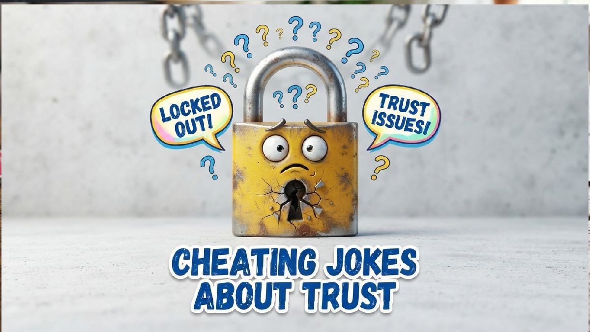 Cartoon padlock with cracked keyhole and question marks surrounded by speech bubbles showing funny jokes about trust and cheating.