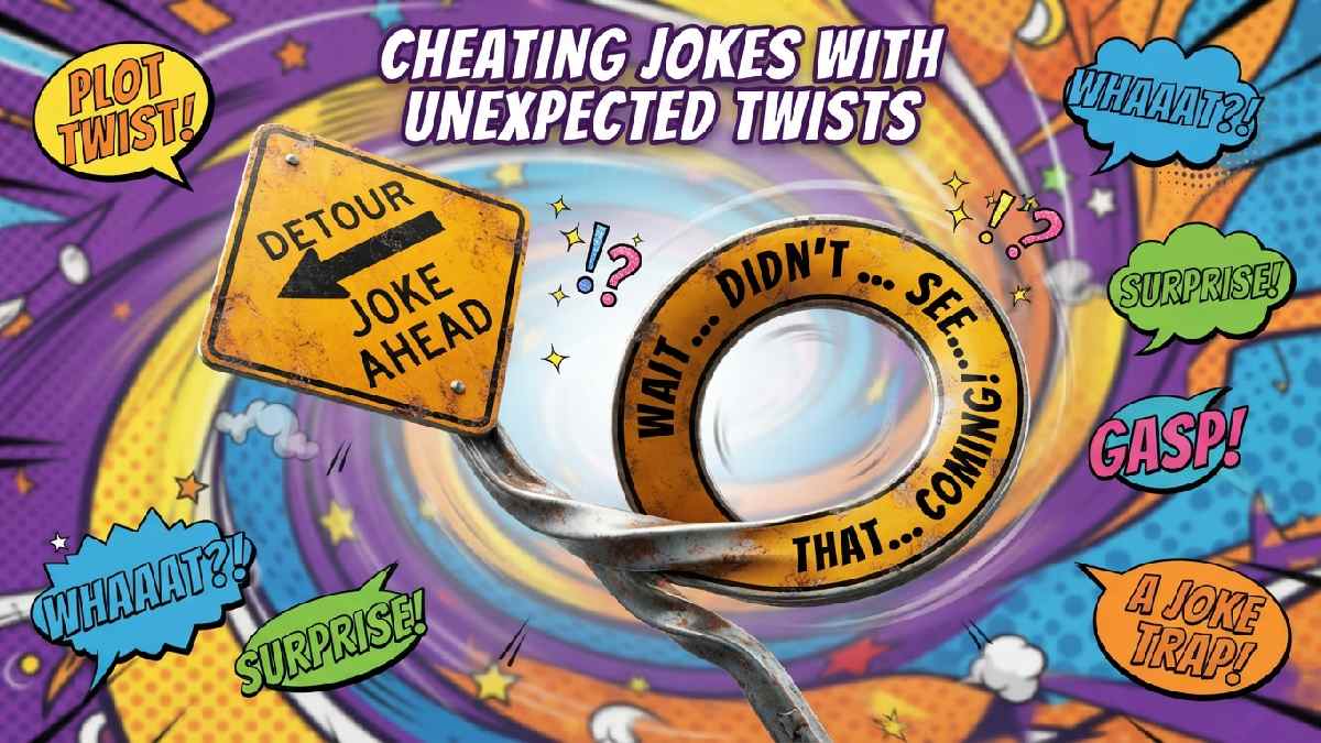 Cartoon road sign twisting into surprising loop with speech bubbles showing cheating jokes featuring unexpected and funny plot twists.