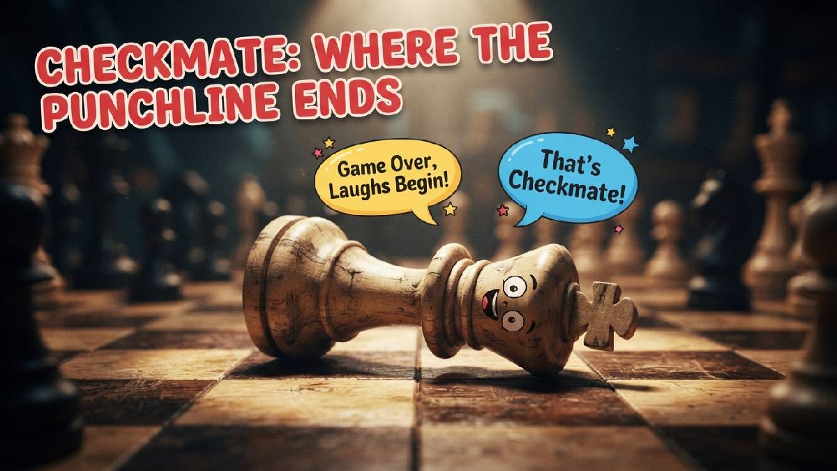 Toppled cartoon king chess piece with surprised face and speech bubbles showing checkmate puns where the punchline ends.