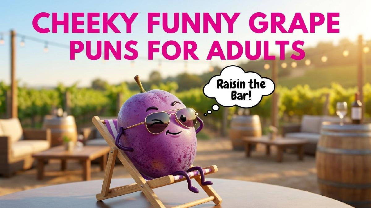 Winking cartoon grape in sunglasses on beach chair with speech bubble showing cheeky funny grape puns for adults.