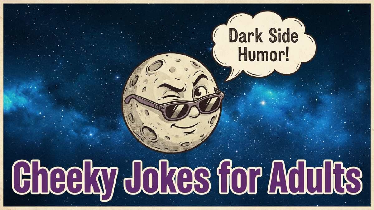 Winking cartoon moon wearing sunglasses with mischievous speech bubble showing cheeky moon jokes made for adult audiences.