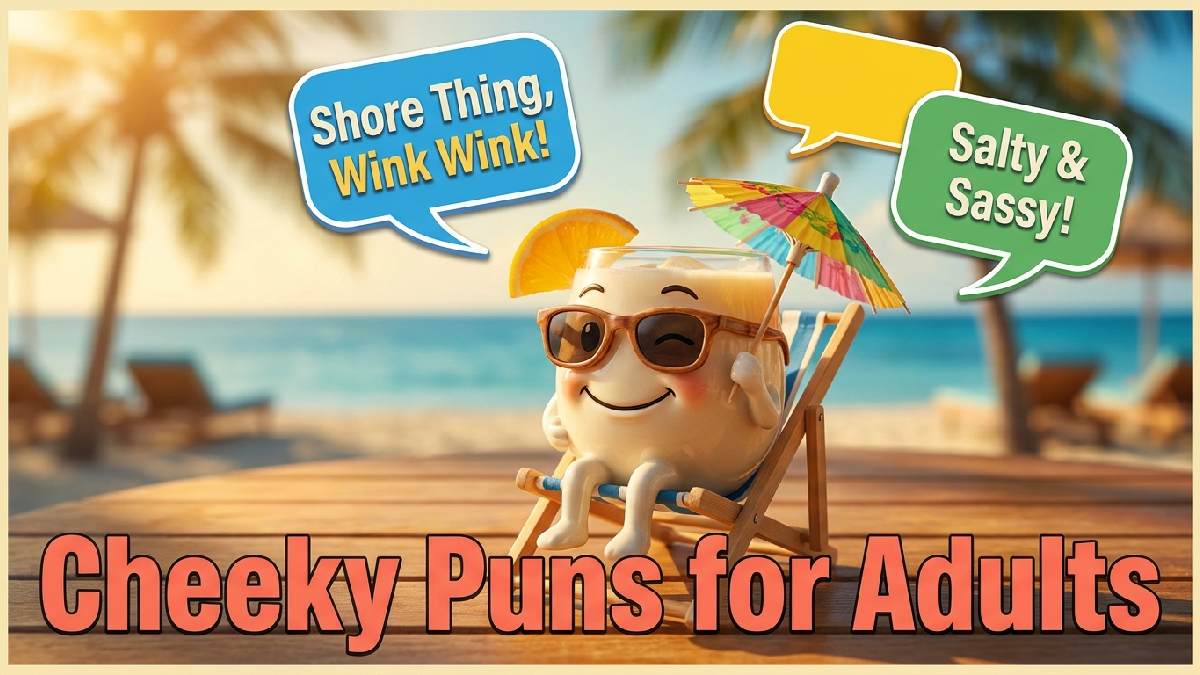 Winking cartoon cocktail glass with sunglasses beside beach chair showing cheeky and playful beach puns designed especially for adults.