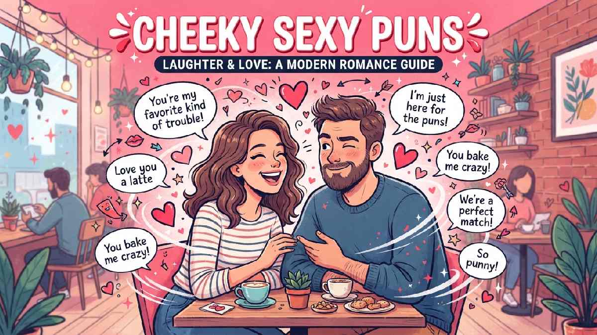 Two adults exchanging cheeky smiles with hearts, sparkles, and playful speech bubbles, representing cheeky sexy puns and flirty humor.