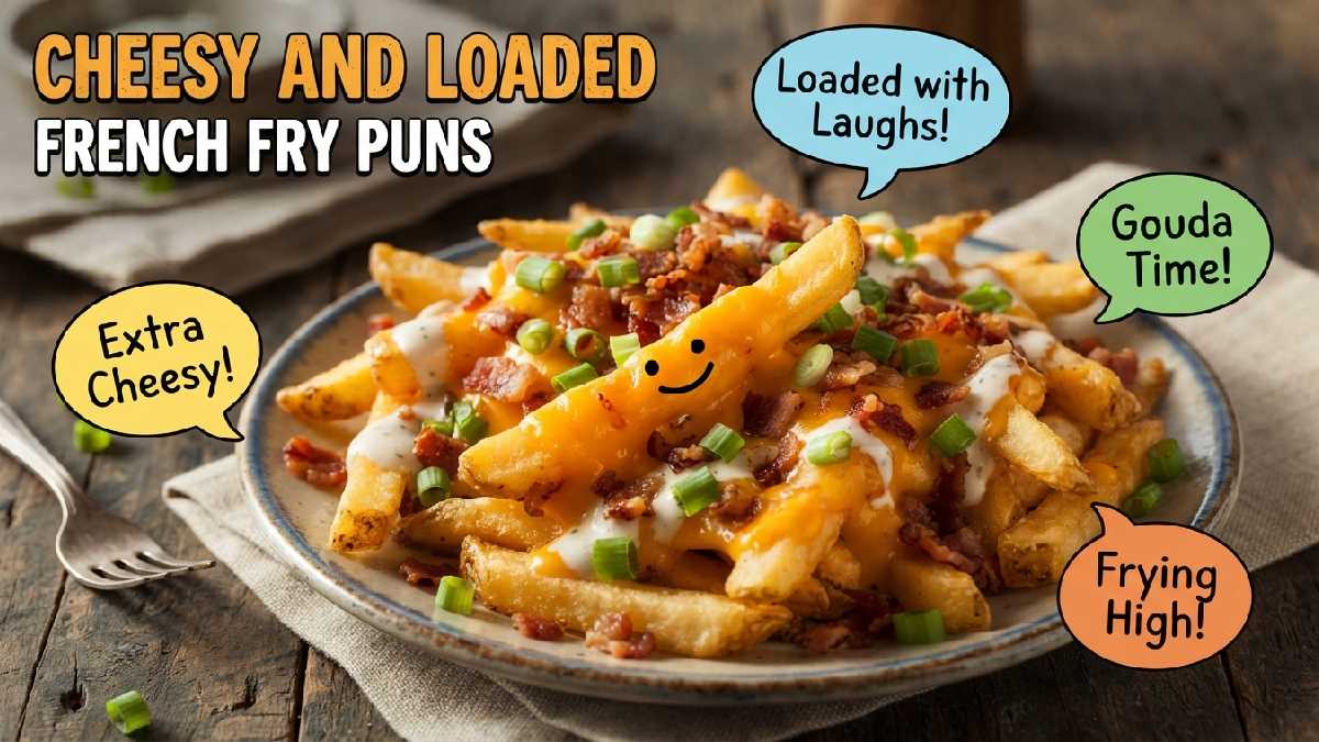 Loaded cheesy french fries with bacon bits and smiley face surrounded by speech bubbles showing cheesy and loaded french fry puns.