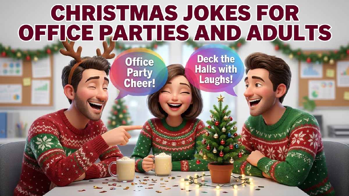 Coworkers in festive sweaters laughing at office party with speech bubbles showing Christmas jokes made for adults and colleagues.