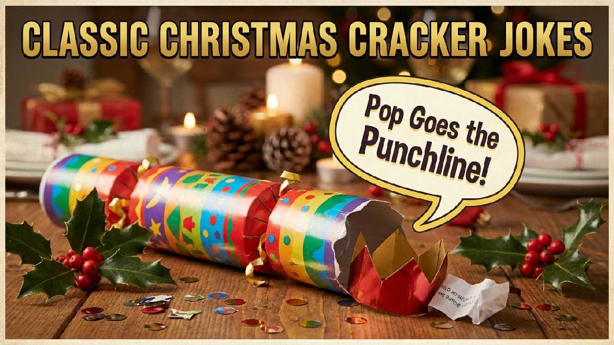 Popped Christmas cracker with paper crown and confetti showing speech bubble with classic traditional Christmas cracker joke slip humor.
