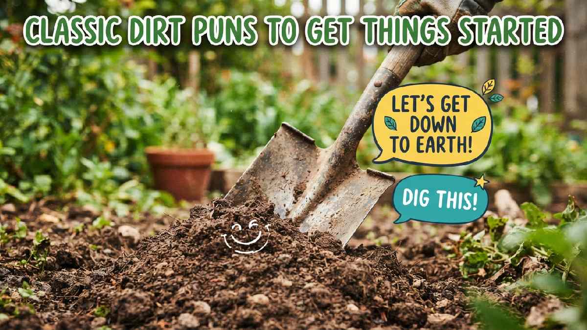 Vintage shovel digging into smiling dirt mound with speech bubbles showing classic dirt puns to get the laughs started.