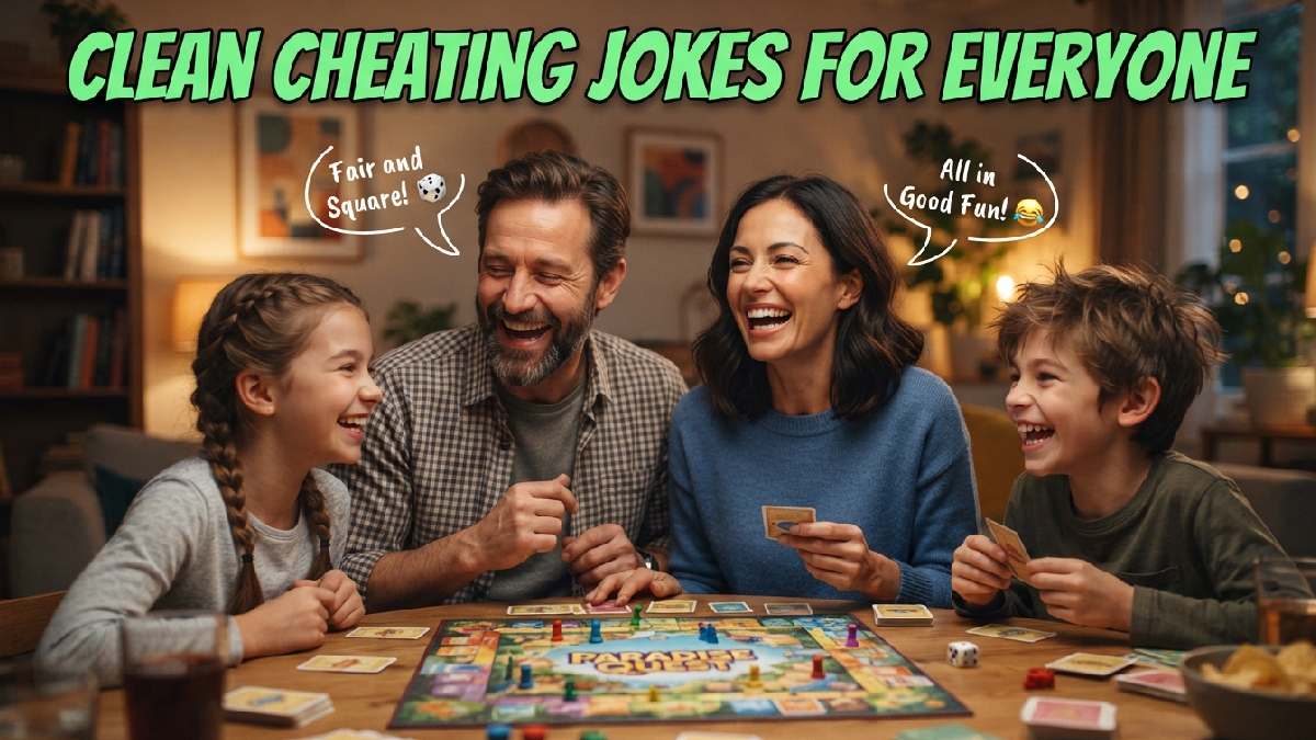 Laughing cartoon family playing board game together with speech bubbles showing clean and wholesome cheating jokes for everyone to enjoy.