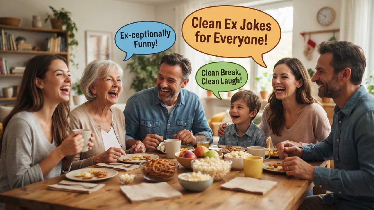 Cheerful friends laughing together around table with wholesome speech bubbles showing clean and family friendly ex jokes for everyone.