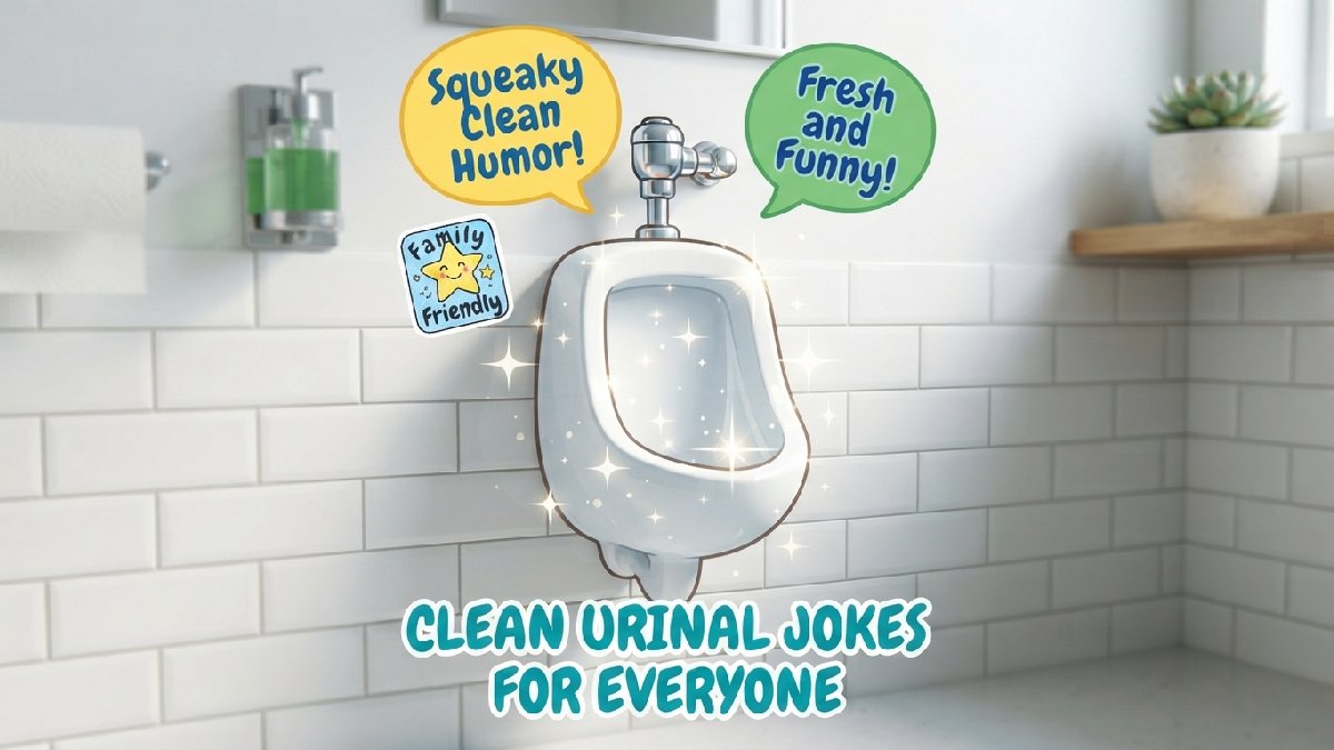 Sparkling clean cartoon urinal with family friendly badge showing clean and wholesome urinal jokes suitable for everyone.