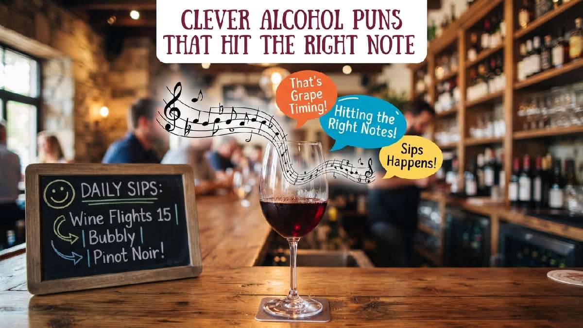 Wine glass with floating musical notes and chalkboard menu showing clever alcohol puns that hit the right note.