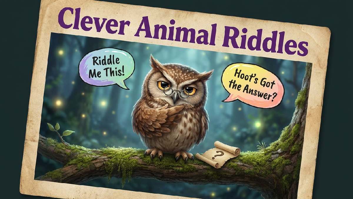 Wise cartoon owl wearing glasses on branch with scroll and speech bubbles showing clever animal riddles for curious minds.