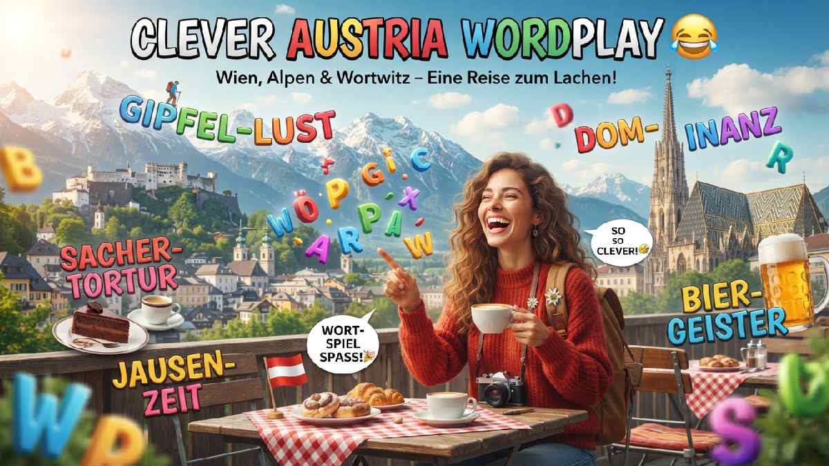 Austrian landmarks, mountains, coffee, pastries, and floating letters create playful word puzzles representing clever Austria wordplay and humorous puns.
