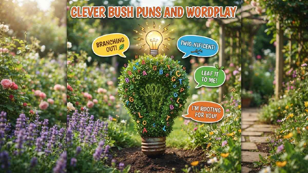 Cartoon bush shaped like lightbulb with scattered letters and speech bubbles showing clever bush puns and playful garden wordplay.